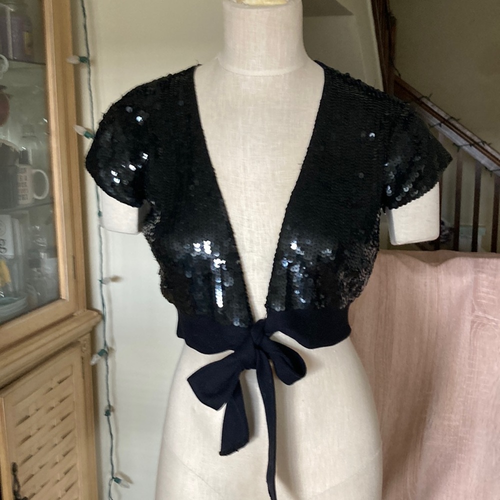 Black silk sequin wrap cardigan, Sz L